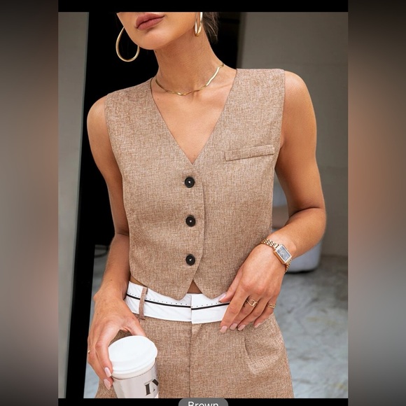 💛Button Front Vest Blazer & Wide Leg Pants Set - Picture 3 of 12